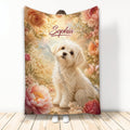 Maltese dog throw blanket with elegant floral artwork in warm cream, peach, and rose tones