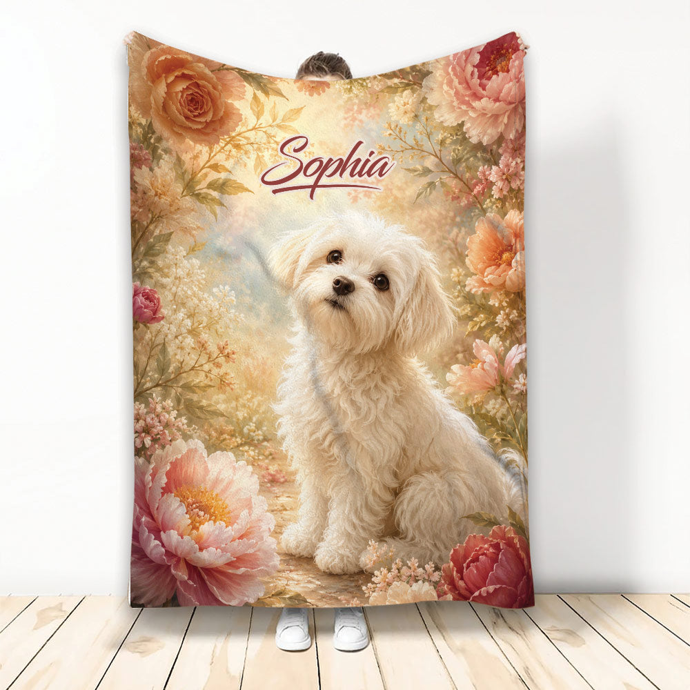 Maltese dog throw blanket with elegant floral artwork in warm cream, peach, and rose tones