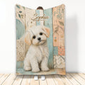 Custom Maltese blanket featuring a fluffy white dog on a rustic pastel wood background