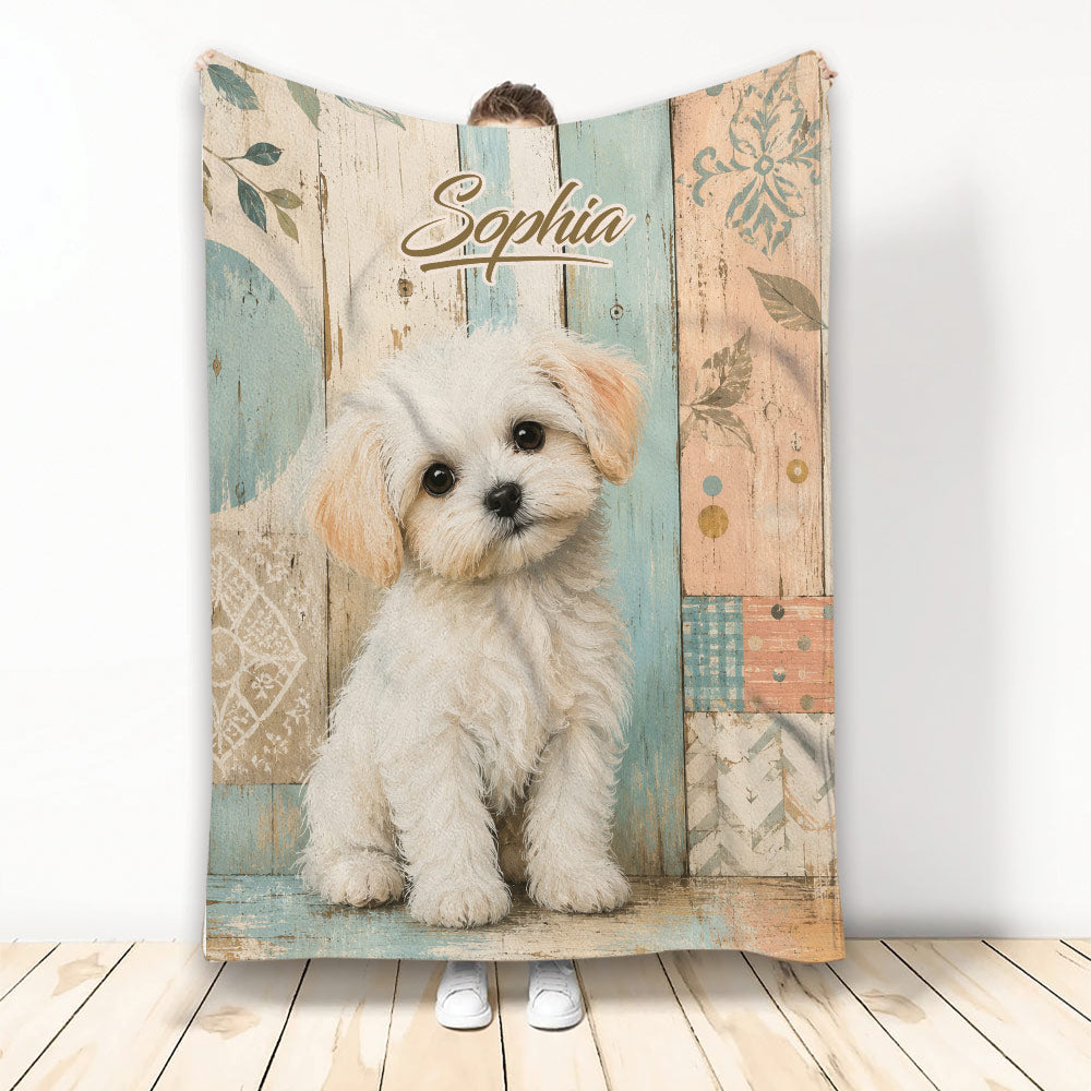 Custom Maltese blanket featuring a fluffy white dog on a rustic pastel wood background