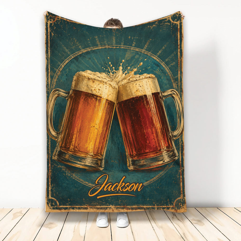 Vintage beer throw blanket featuring clinking amber beer mugs on distressed teal artwork
