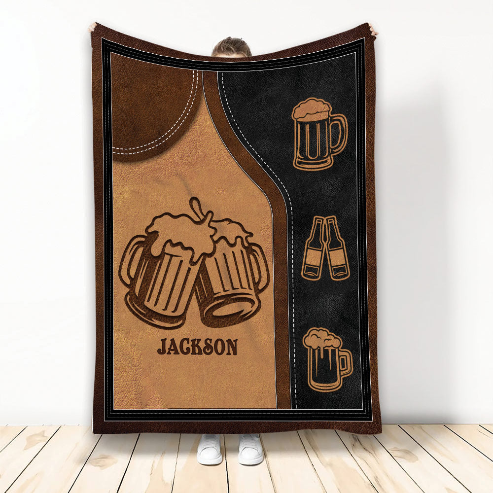 Beer throw blanket with foaming mugs, bottle icons, brown and black pub-inspired artwork