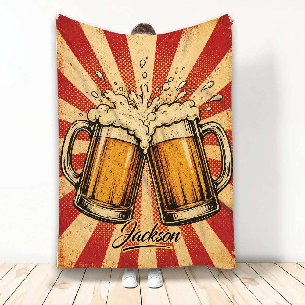 Beer throw blanket with two overflowing mugs, retro red and gold burst artwork