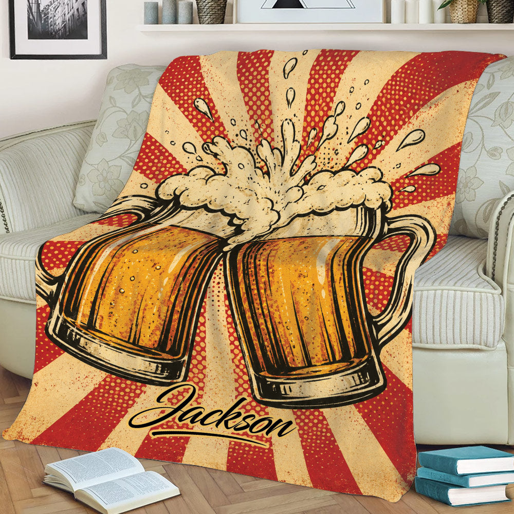 Close view of a beer mug throw blanket in a cozy living room setting