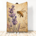 Bee blanket featuring a detailed honey bee, purple flowers, and vintage botanical artwork