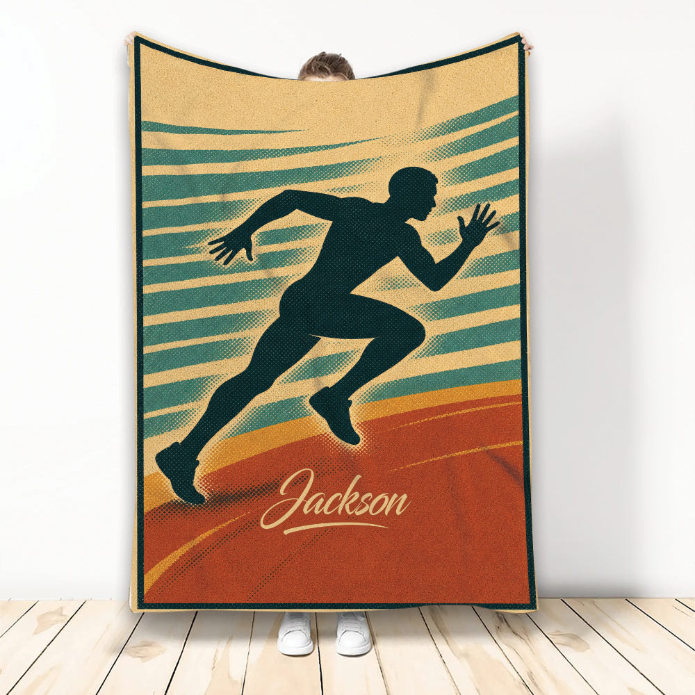 Running throw blanket featuring a sprinting athlete silhouette in retro teal, gold, and orange artwork