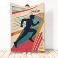 Running throw blanket with runner silhouette and colorful retro athletic stripes