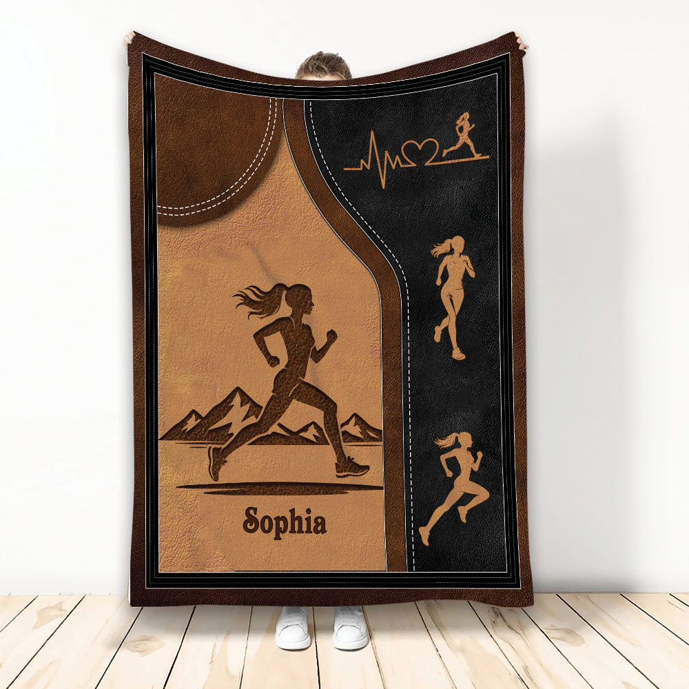 Running throw blanket with female runner silhouette, mountain artwork, and brown and black athletic theme