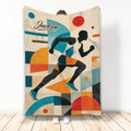 Running throw blanket with a silhouetted runner and colorful geometric retro artwork