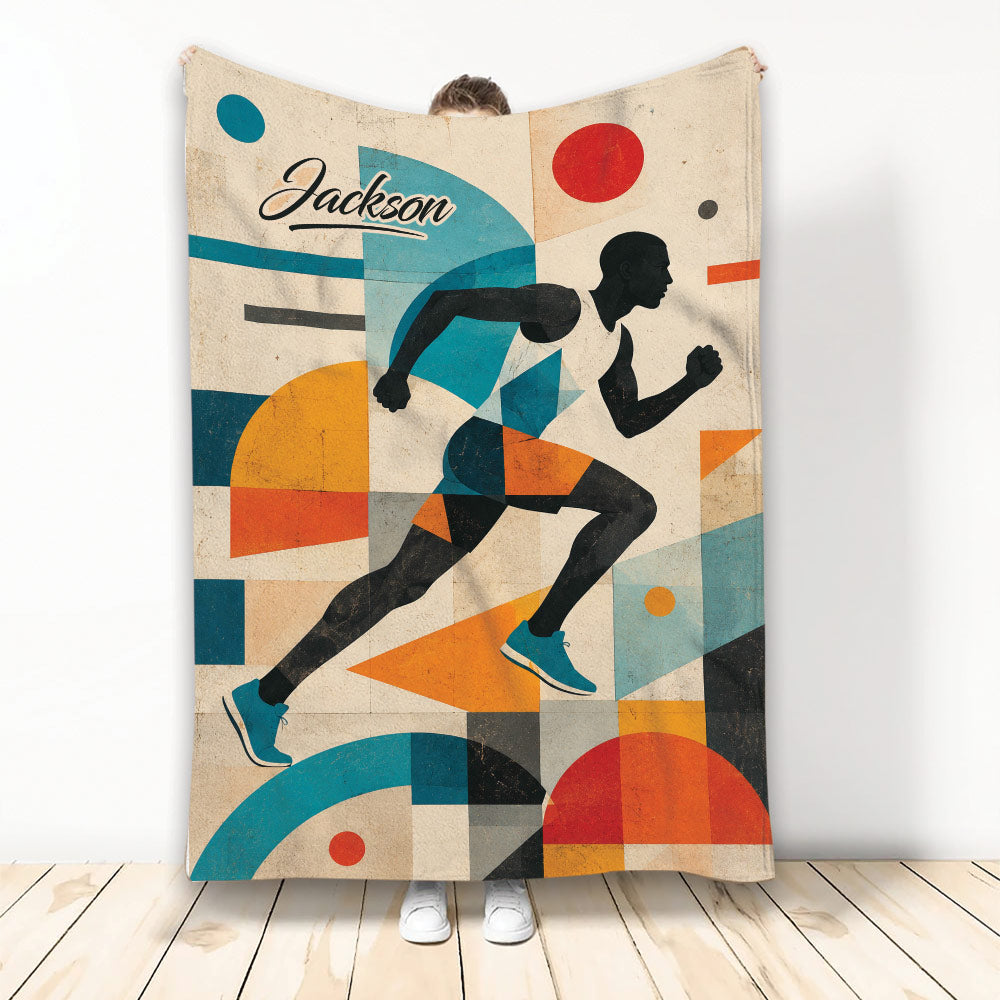 Running throw blanket with a silhouetted runner and colorful geometric retro artwork