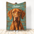 Vizsla dog throw blanket with rustic teal wood-look background and warm brown artwork