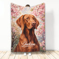 Vizsla dog blanket with warm brown portrait artwork surrounded by pink flowering branches