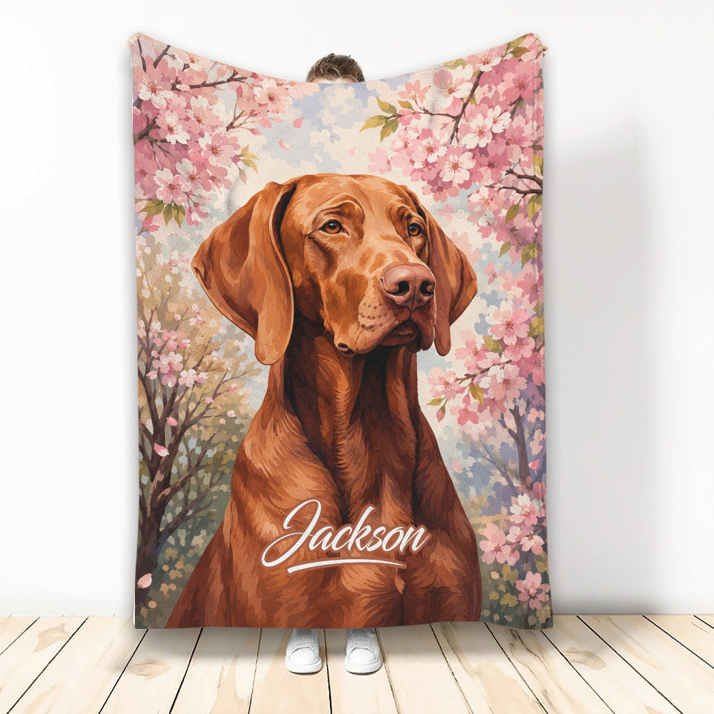 Vizsla dog blanket with warm brown portrait artwork surrounded by pink flowering branches