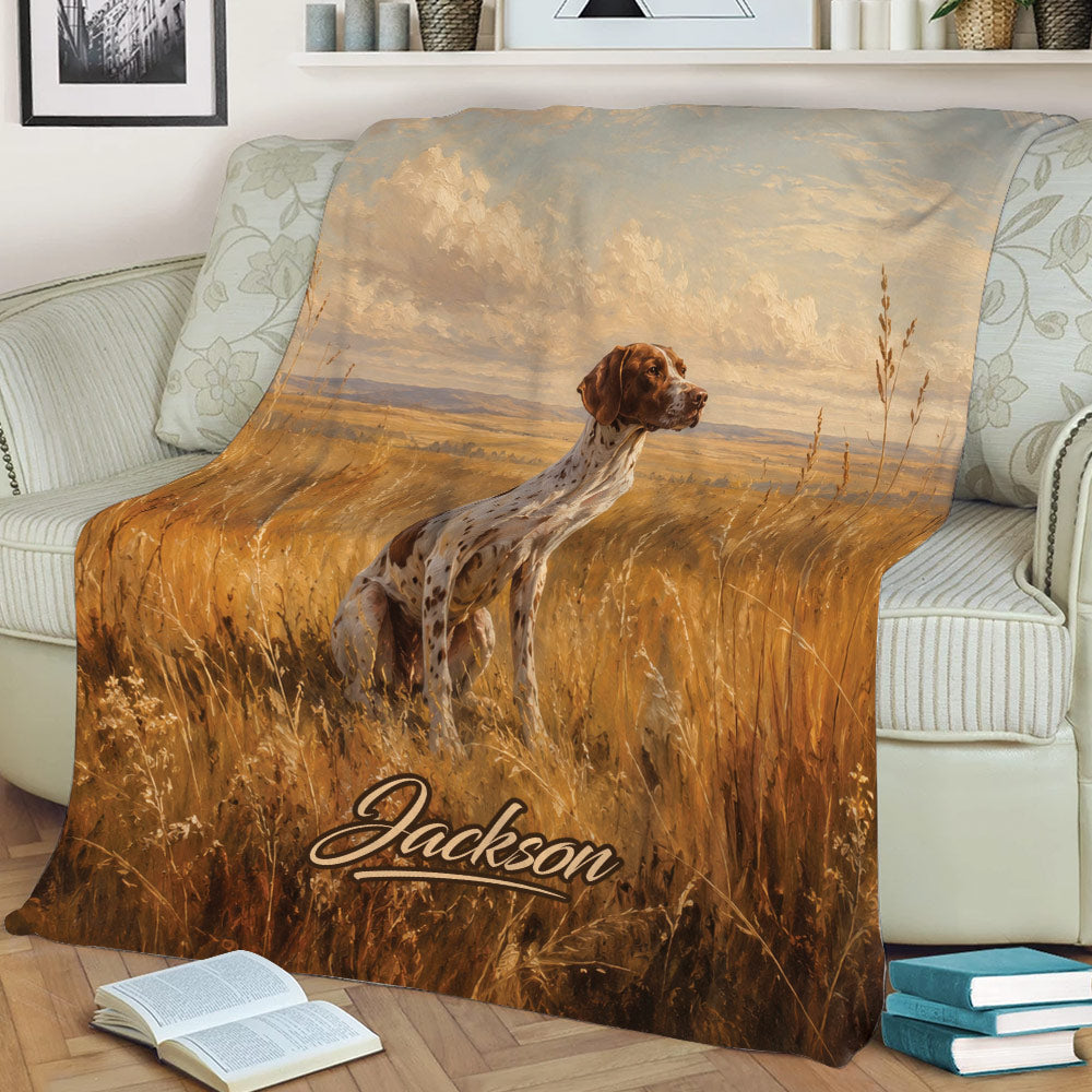 German Shorthaired Pointer blanket draped over a couch with scenic golden grassland artwork
