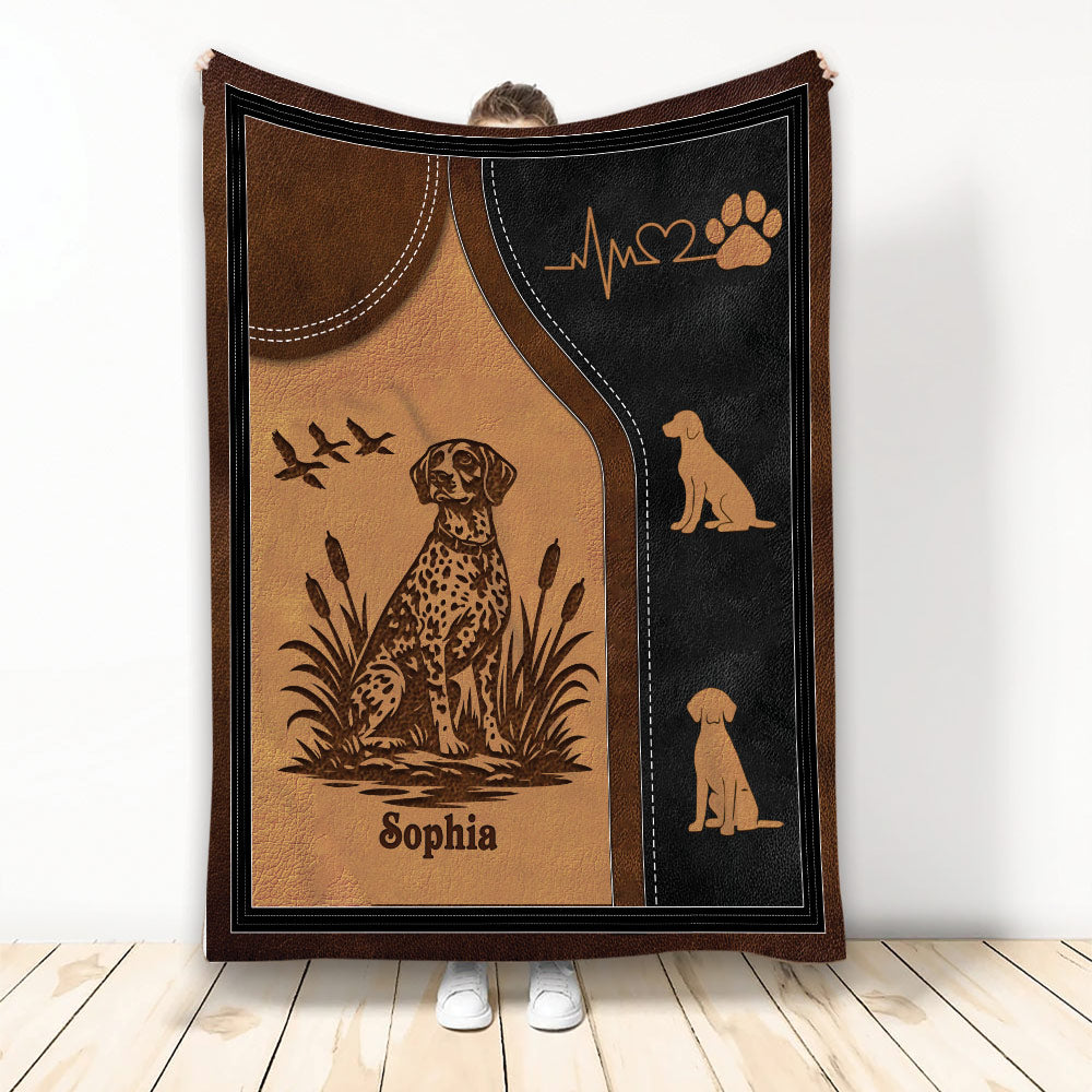 German Shorthaired Pointer throw blanket with spotted dog artwork, paw print, heartbeat motif, and rustic colors