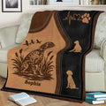 Close view of German Shorthaired Pointer throw blanket featuring spotted dog artwork, cattails, and dog silhouettes