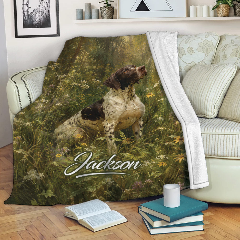 German Shorthaired Pointer throw blanket displayed on a sofa with a natural meadow design