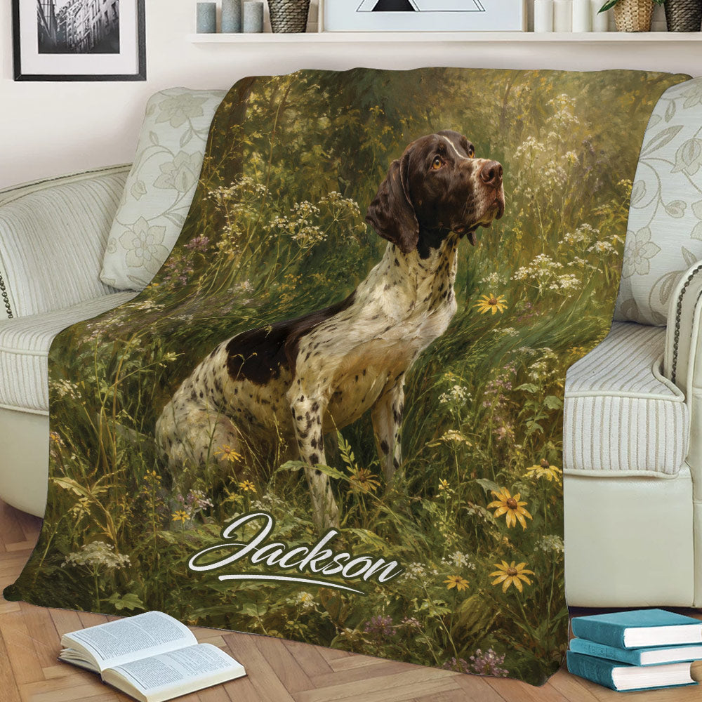 German Shorthaired Pointer blanket draped across a sofa with detailed wildflower artwork
