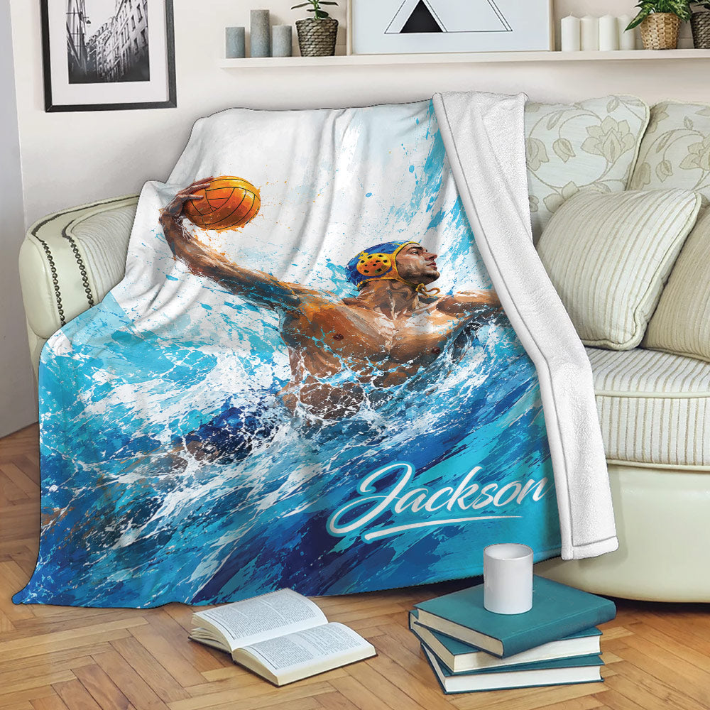 Water polo blanket displayed on a sofa with blue water artwork and an action-oriented player design