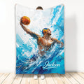 Water polo throw blanket featuring a player rising from blue water with a ball and dynamic splash artwork