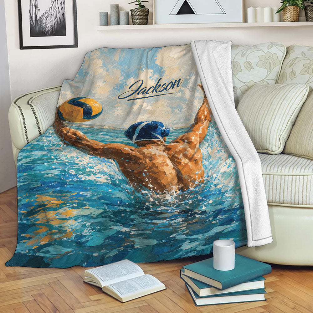 Water polo blanket draped over a sofa with dynamic player and splashing blue water artwork