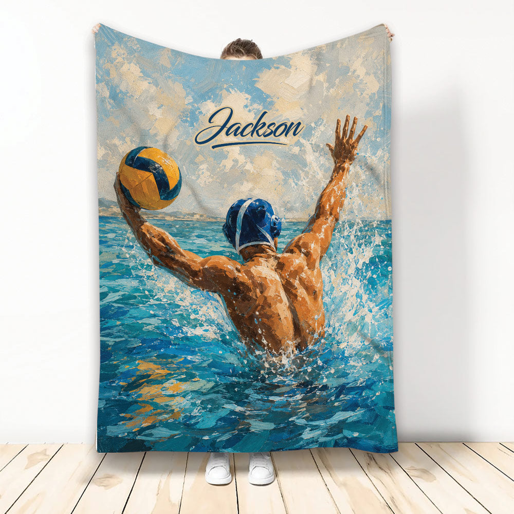 Water polo throw blanket featuring an action player reaching for the ball in painted pool artwork