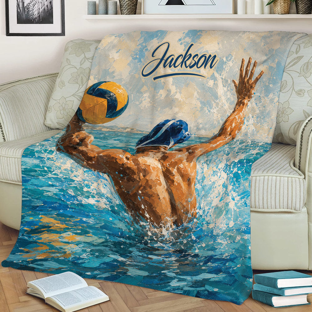 Water polo throw blanket displayed on a sofa with colorful action player and pool scene