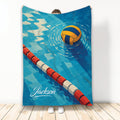 Water polo blanket displayed with a floating ball, pool lane rope, and blue aquatic sports artwork