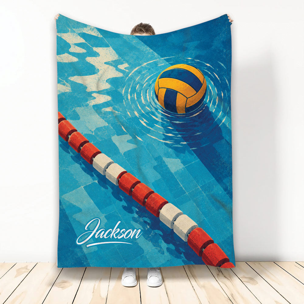 Water polo blanket displayed with a floating ball, pool lane rope, and blue aquatic sports artwork
