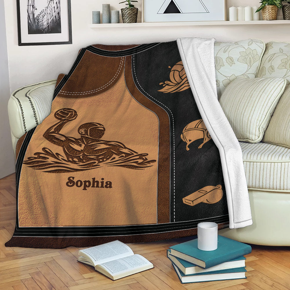 Water polo throw blanket displayed on a sofa with player and pool-themed sports artwork