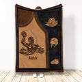 Custom water polo blanket with player, ball, cap, whistle, and brown and black sports artwork