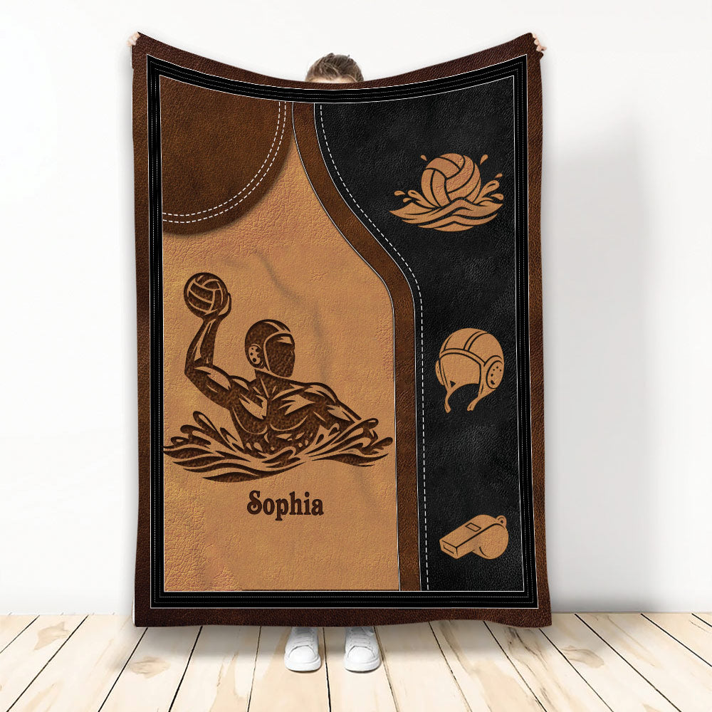 Custom water polo blanket with player, ball, cap, whistle, and brown and black sports artwork