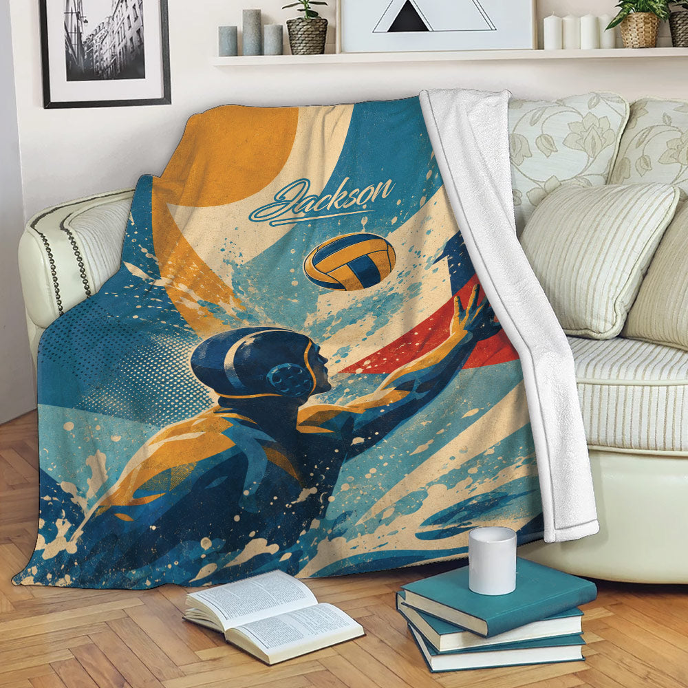 Water polo blanket displayed on a sofa with an action player, ball, and energetic splash-inspired graphic