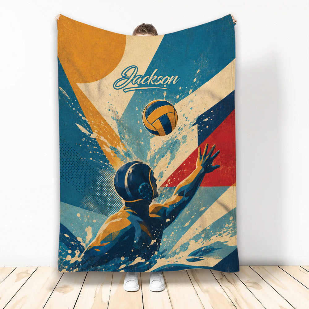 Water polo throw blanket featuring a dynamic player reaching for the ball in bold blue, gold, and red artwork