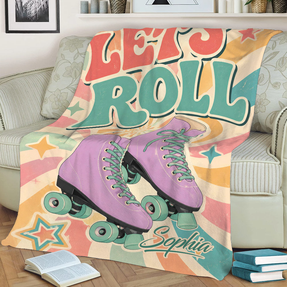 Close view of a colorful roller skating blanket featuring purple quad skates and retro artwork