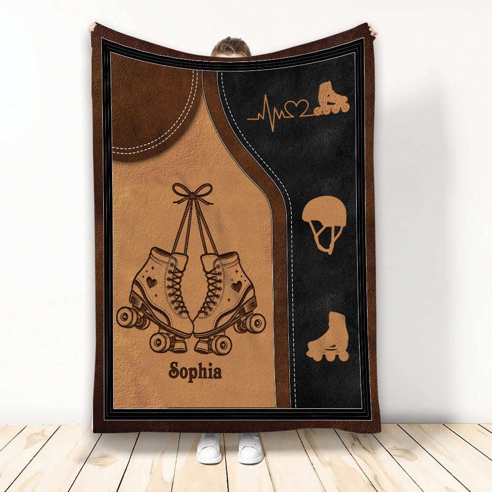 Roller skating blanket with vintage brown and black skate artwork and a heart-themed design
