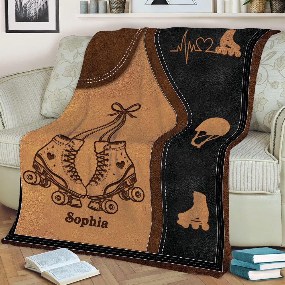 Roller skating throw blanket displayed on a couch with illustrated quad skates and skate icons