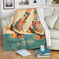 Colorful roller skating throw blanket displayed on a couch in a cozy living room