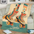 Vintage-inspired roller skate blanket draped over a sofa with vibrant geometric details
