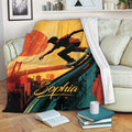 Skateboarding blanket draped over a sofa, featuring an urban skateboarder and colorful city-inspired artwork