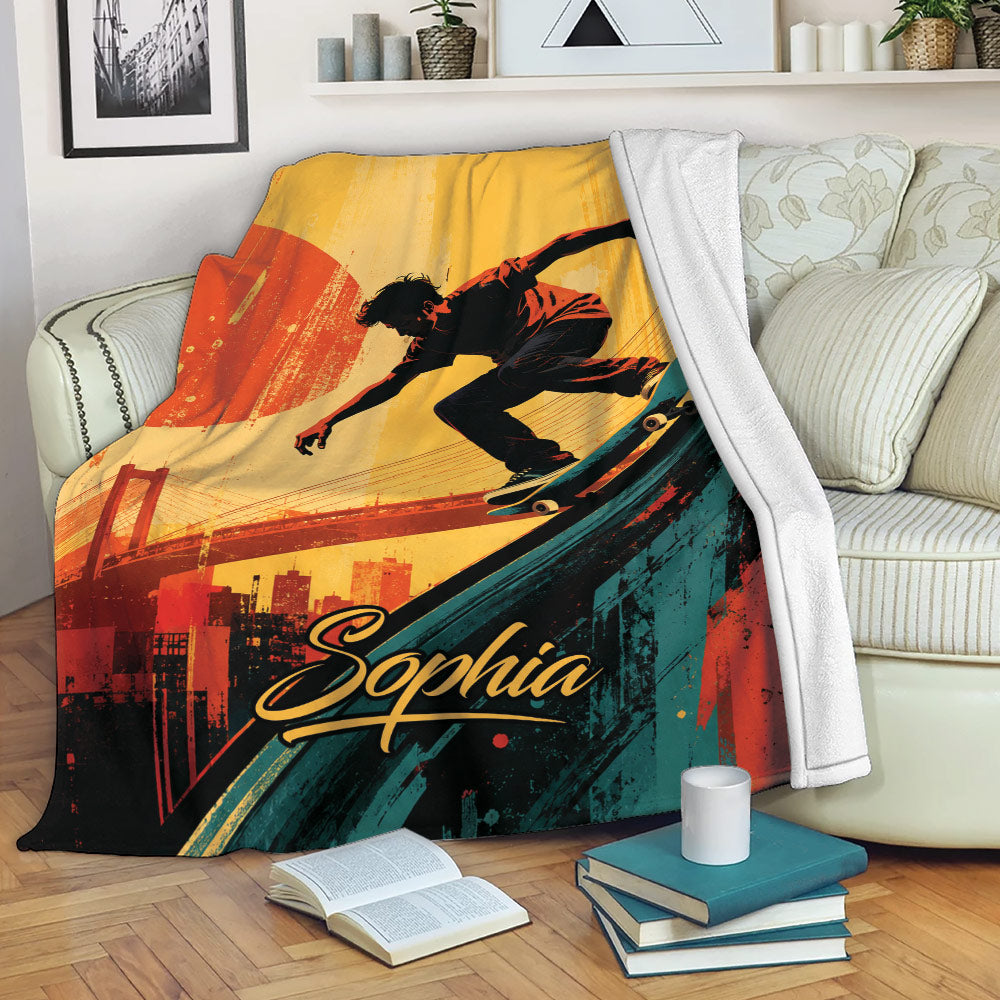 Skateboarding blanket draped over a sofa, featuring an urban skateboarder and colorful city-inspired artwork