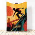 Skateboarding throw blanket with an urban skateboarder silhouette, bridge skyline, and bold orange and teal artwork