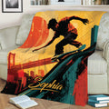 Skateboarding throw blanket displayed on a couch with a dynamic rider, skateboard ramp, and city skyline design