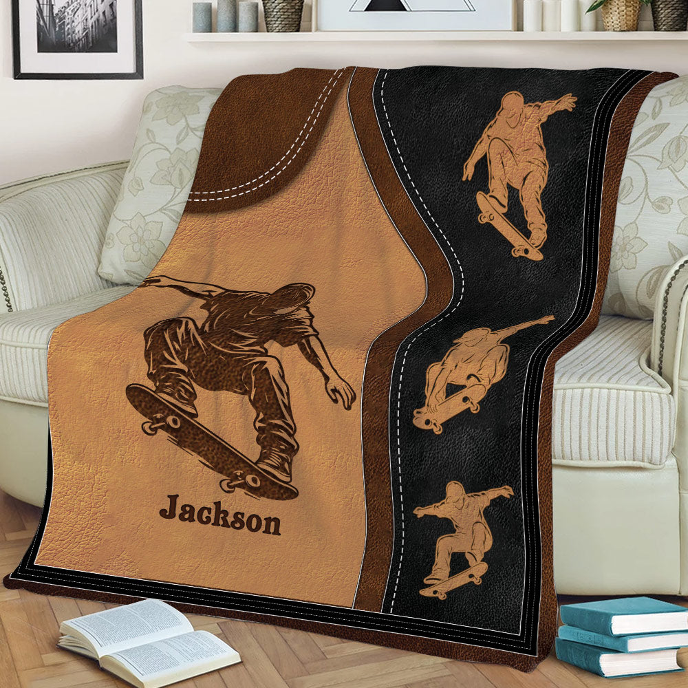 Skateboarder throw blanket displayed on a sofa with leather-look panels and action silhouettes