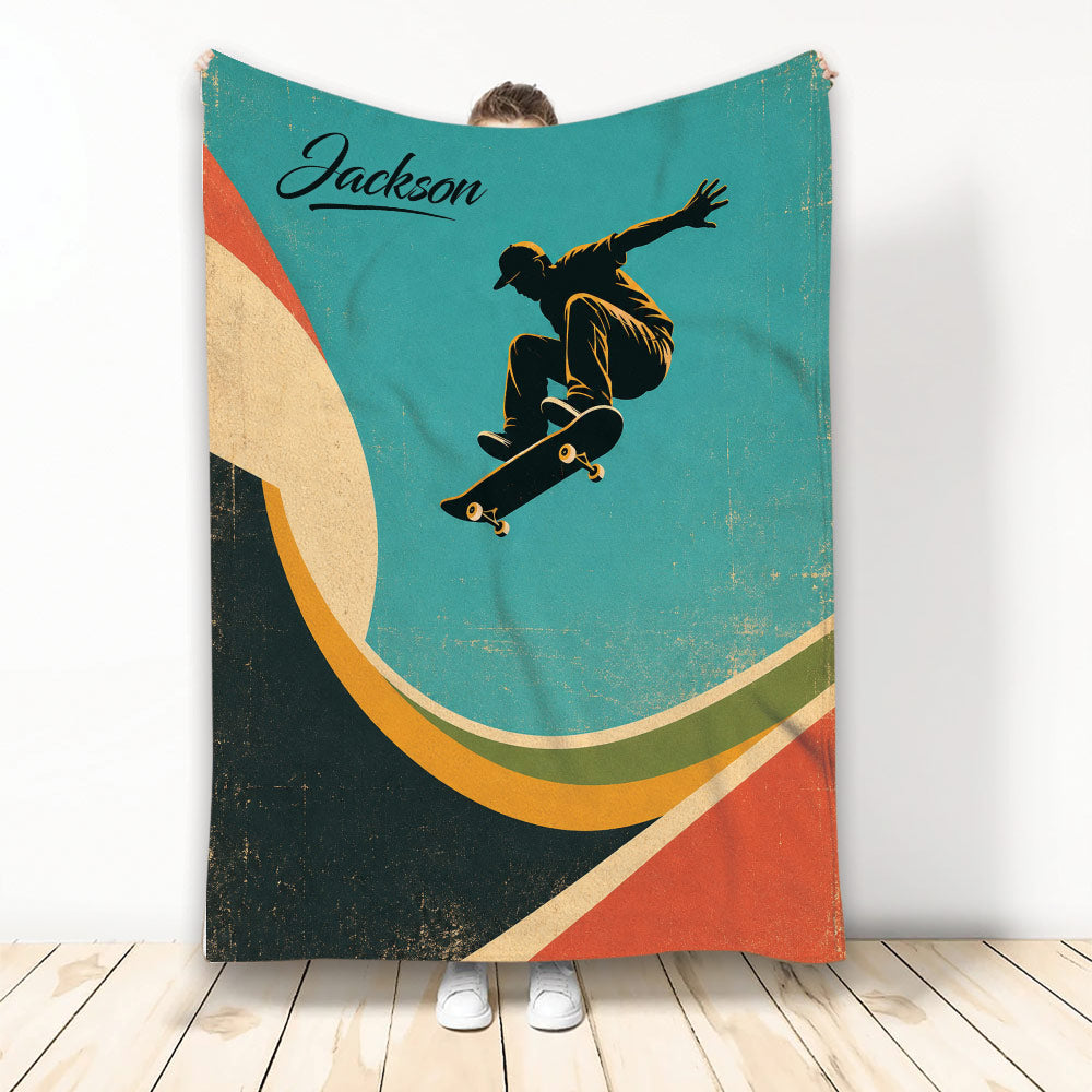 Skateboarding throw blanket with a silhouetted rider, skateboard, and retro teal geometric artwork