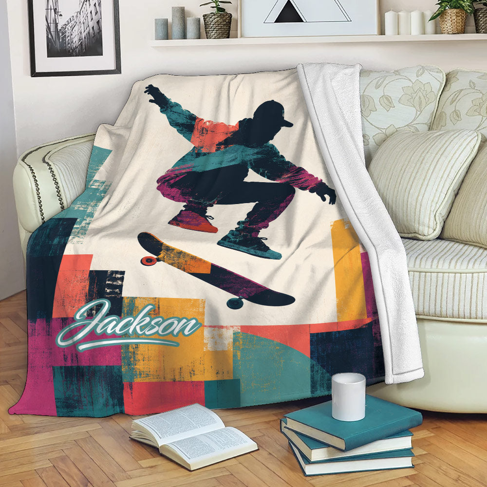 Skateboarding throw blanket displayed on a sofa with bold geometric colors and urban artwork