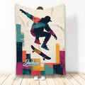 Colorful skateboarding blanket featuring a silhouetted rider performing a trick above a skateboard