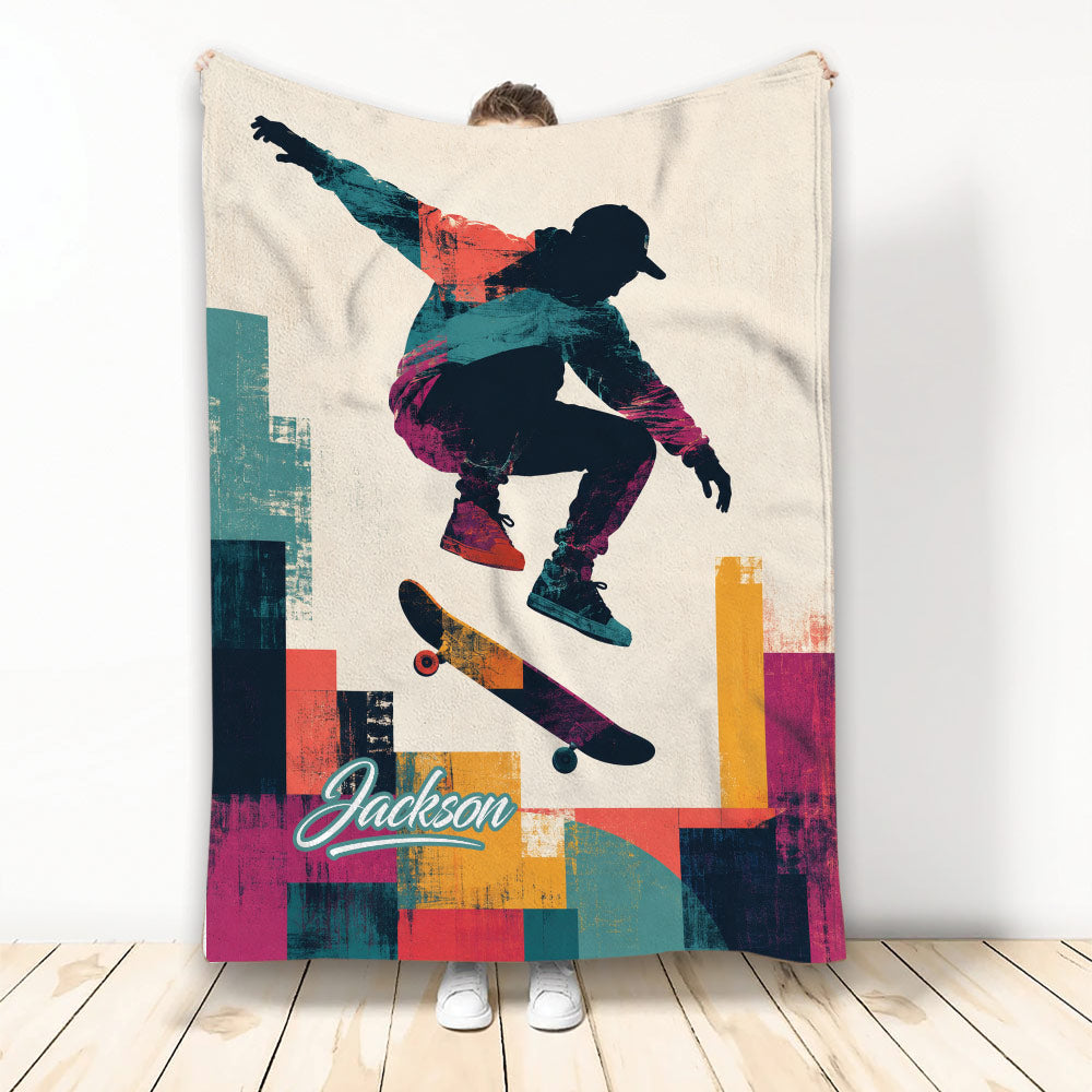 Colorful skateboarding blanket featuring a silhouetted rider performing a trick above a skateboard