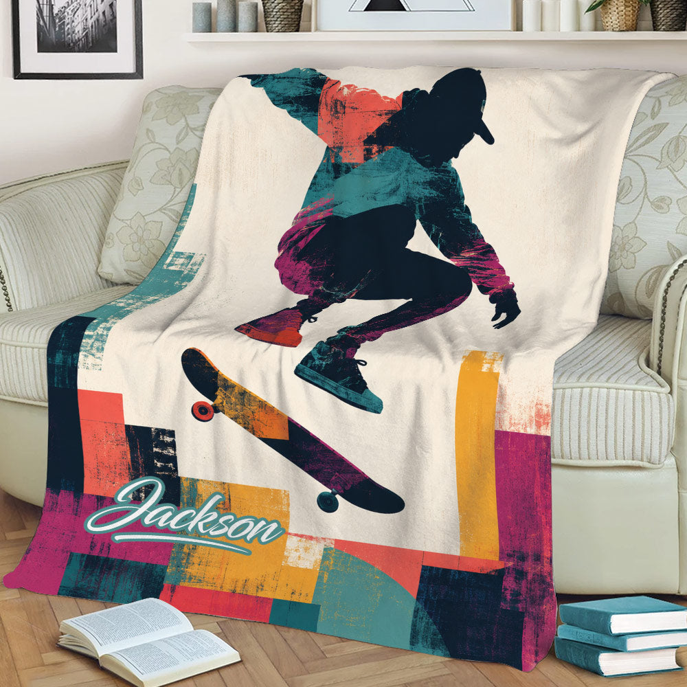 Skateboarder throw blanket draped over a couch with vibrant street-style geometric artwork