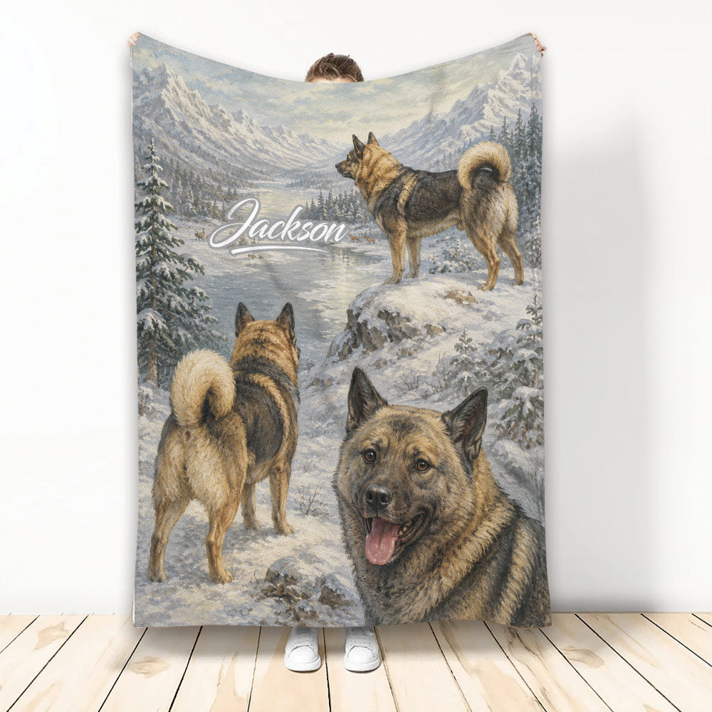 Norwegian Elkhound throw blanket featuring three dogs in a snowy mountain landscape